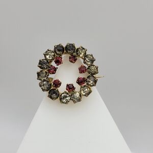 Antique Vintage Gold and Red Rhinestones Paste Wreath Brooch